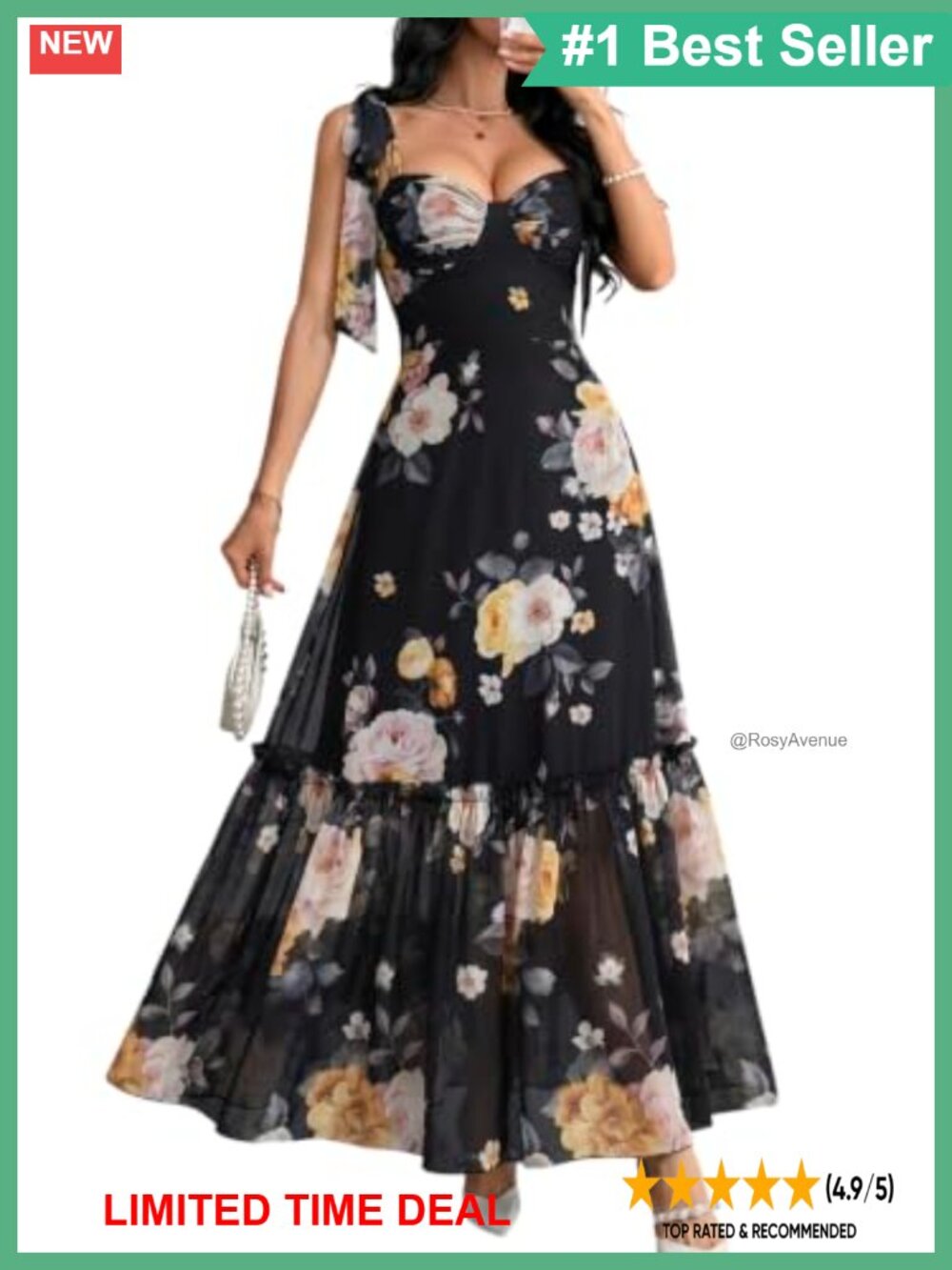 Women Floral Maxi Dress Ruffle Tie-Shoulder Sleeveless Wedding Guest